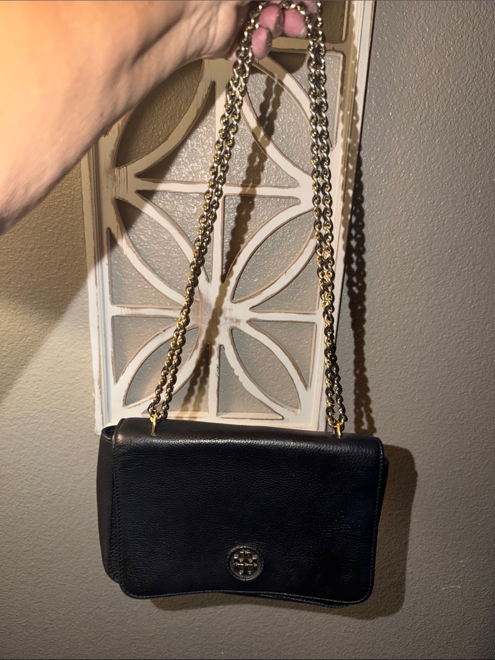 Tory Burch Black Leather Chain-Trim Shoulder Bag with Gold Hardware